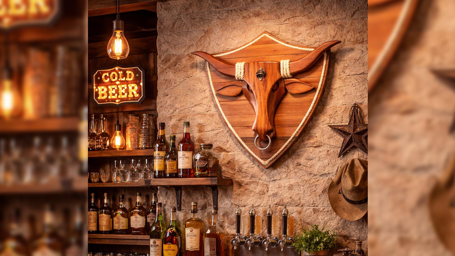 Cabeça de touro longhorn em madeira com corda decorando bar rústico com tap de chope