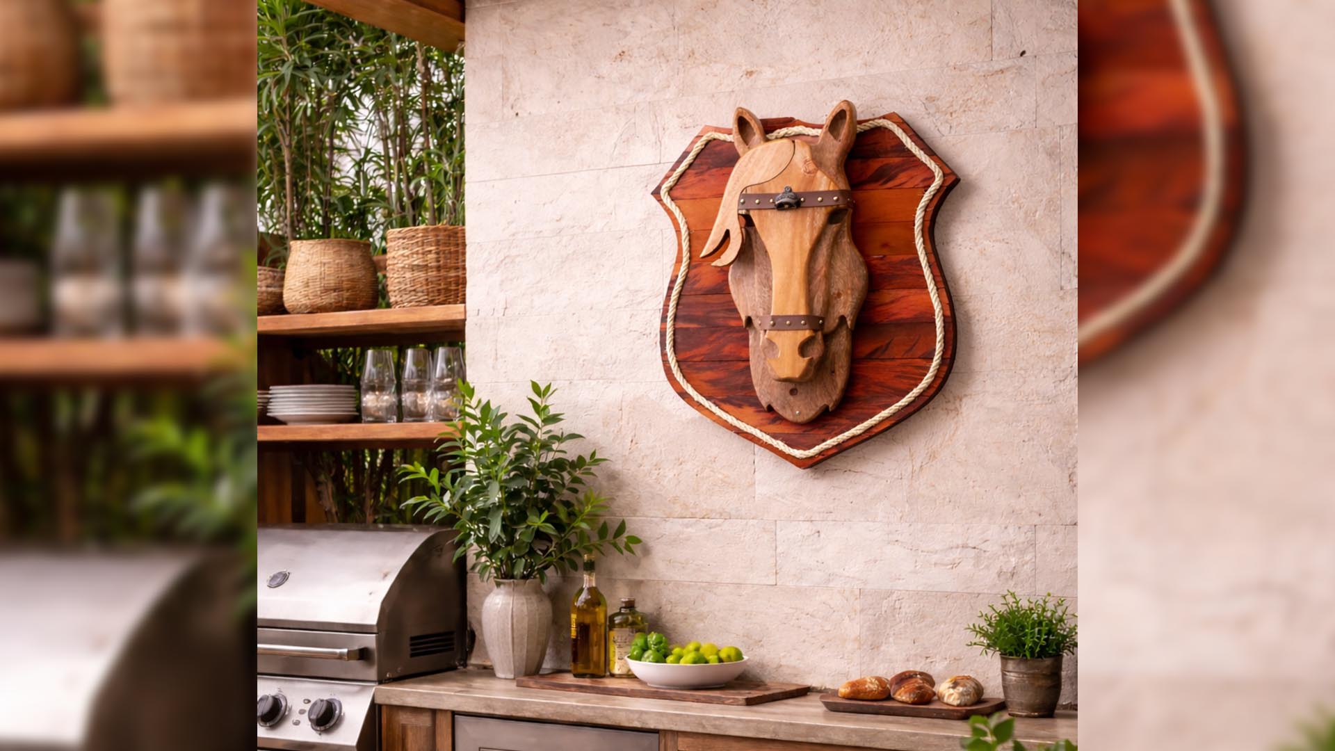 Brasão de cavalo em madeira com corda instalado em área gourmet ao lado de churrasqueira