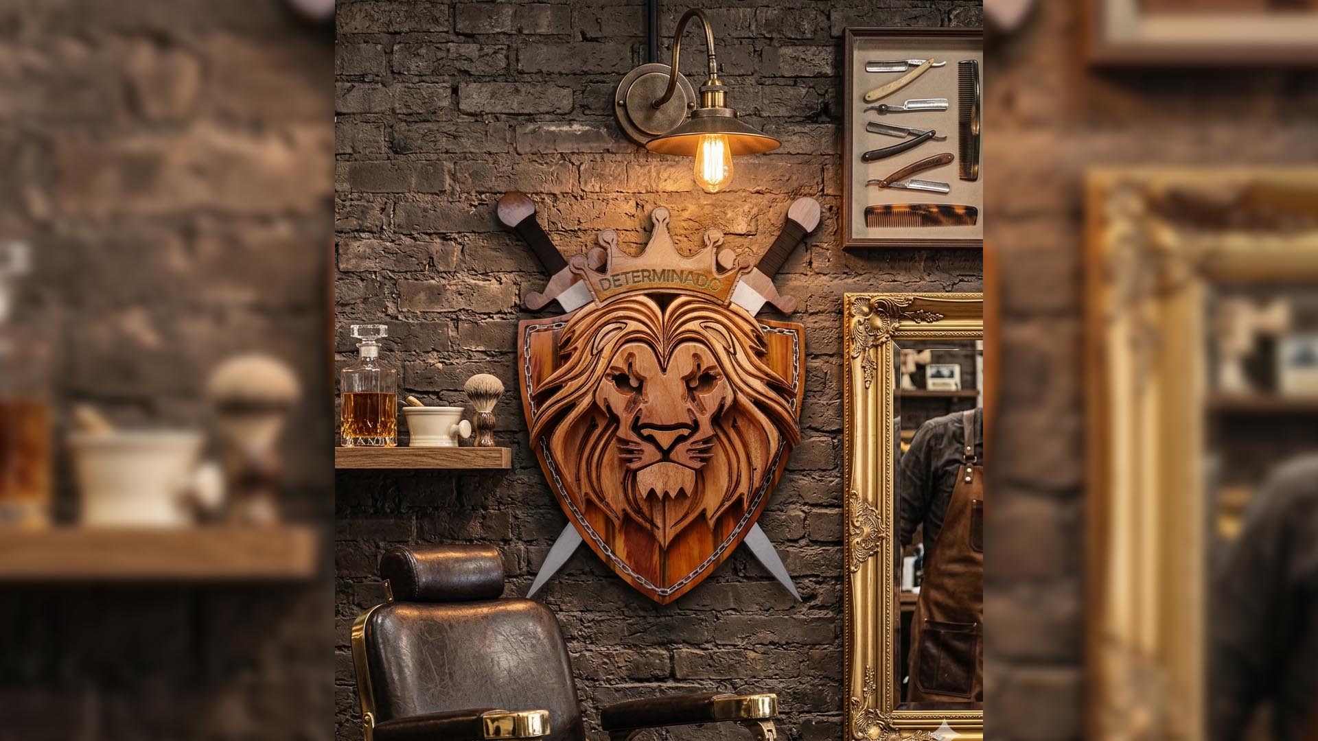 Brasão de leão Determinado entalhado em madeira instalado em parede de tijolos de barbearia