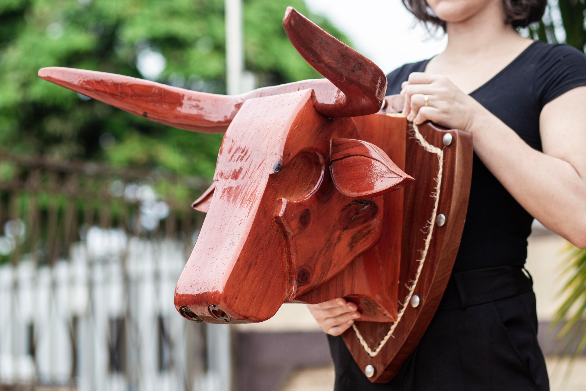 Cabeça de boi vermelha entalhada em madeira maciça artesanal